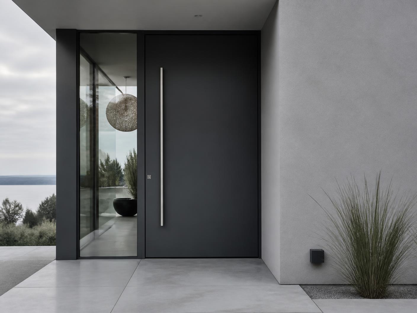 Moderne anthrazitfarbene Aluminium-Haustür mit seitlicher Festverglasung