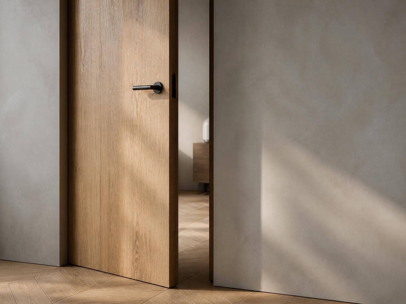 Hochwertige Eichen-Innentür mit schwarzem Griff und feiner Schattenfuge neben einer Edelputzwand