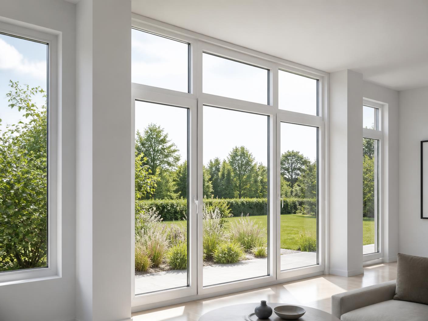 Moderne weiße Kunststofffenster mit schmalen Rahmen in einem hellen Wohnraum