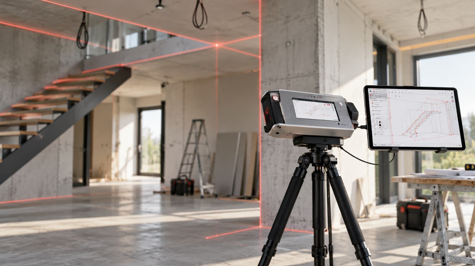3D-Laservermessung in einem Rohbau: Scanner auf Stativ mit Tablet-CAD-Modell der Treppe und roten Laserlinien an Wänden und Decke