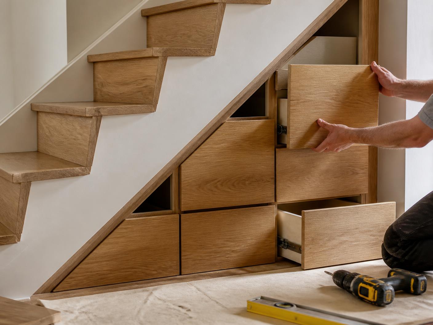Einbau einer Sonderlösung: passgenaue Eichen-Schubladen unter einer Treppe während der Montage