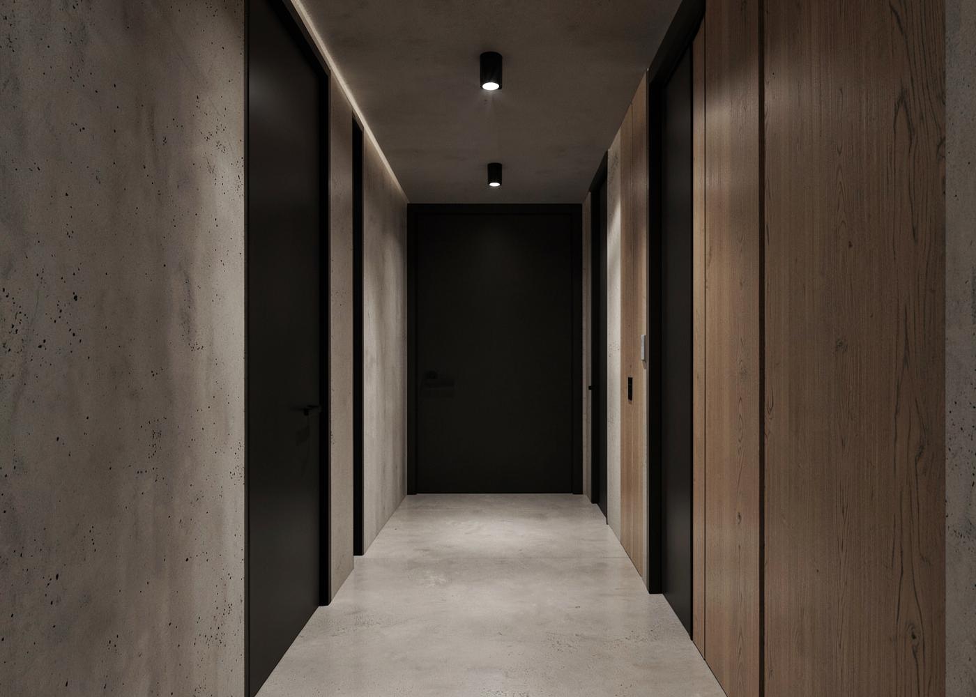 Moderner Flur mit dunklen Türen, Sichtbeton und Holzverkleidung